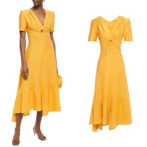 NWT SANDRO Tamara Linen Asymmetric Cutout Gathered Twill Midi Dress in Saffron L - Picture 1 of 14