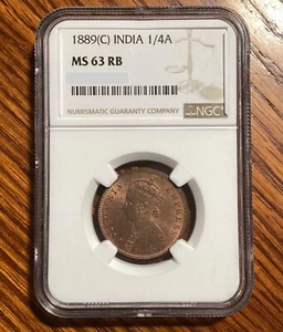 NGC MS63 RB British India 1889C Victoria ¼ Anna Coin - Picture 1 of 3