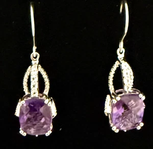JTV  African Amethyst Sterling 925 Earrings with  White Topaz  Dangle - Picture 1 of 3