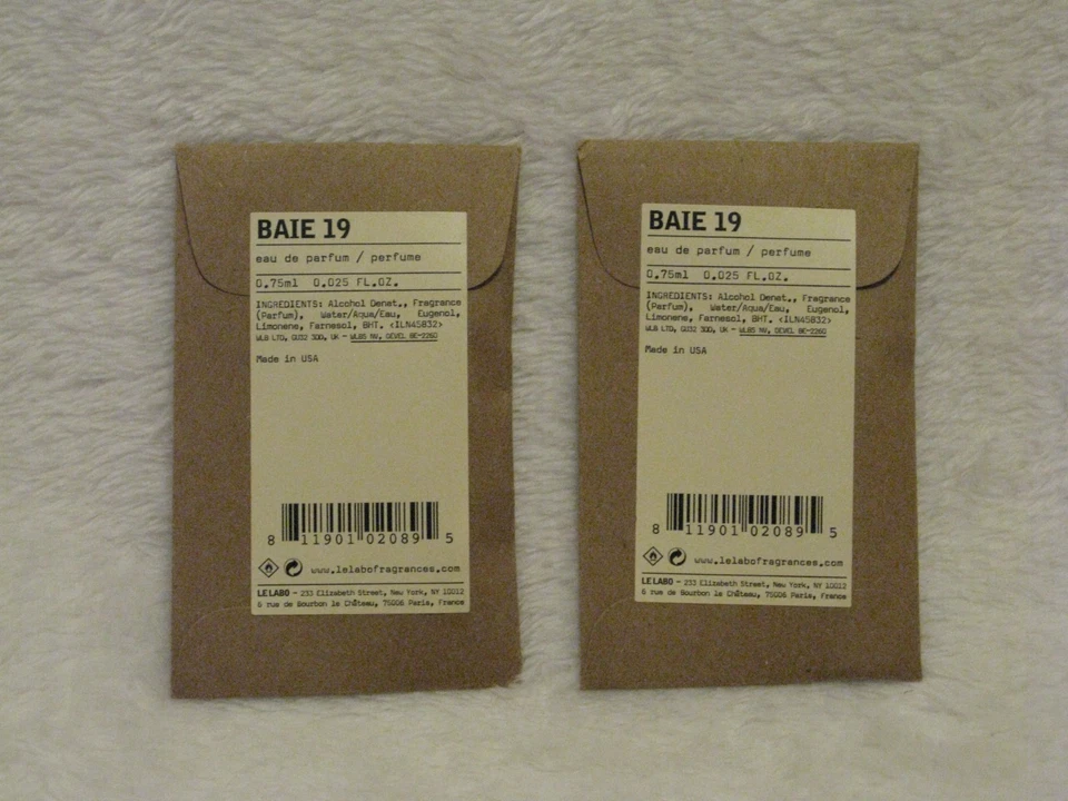2x Le Labo Baie 19 Eau de Parfum EDP Muestra Vial .025oz, .75ml Nuevo en Sobre Foto 1 de 1
