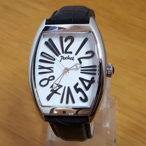 Mens XXL Black Leather Silver Retro Pop-Art Tonneau Pocket Watch PK3014 NEW - Picture 1 of 10