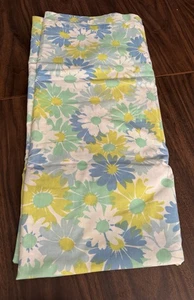 VTG Pequot Flower Power Double Flat Sheet USA Aqua Yellow Green Floral 70’s - Picture 1 of 9