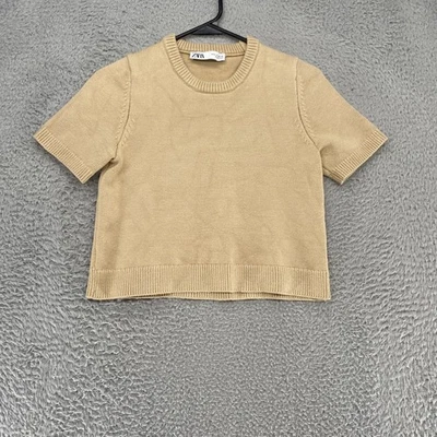 Zara Sweater Womens Small Beige Short Sleeve Knit Clean Girl Minimalist Neutral - Image 1 of 4