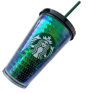 Starbucks International Europe Green Metallic Sequins Tumbler Cold Cup 16 oz NWT - Picture 1 of 6