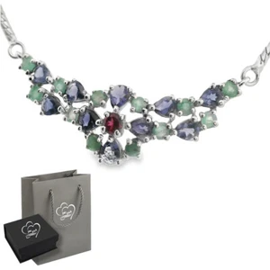 Damen Frauen echter Smaragd Granat Iolith Rhodolith 925 Silber Kette Halskette - Bild 1 von 6