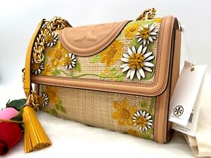 NWT $598 Tory Burch Fleming Floral Embroidered Raffia Convertible Shoulder Bag
