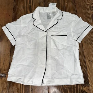 H&M Women’s XS Linen Short Sleeve Sleep Pajama Button Down Shirt White Black - Picture 1 of 7
