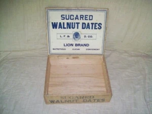 Antique Old Wooden Lion Brand Sugared Walnut Date Country Store Advertising Box - Picture 1 of 7