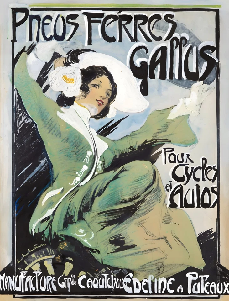 16511.Wall Decor Poster.Interior Art.Pneus Ferres Gallus Bicycle Tire Ad Lady - Image 1 of 1
