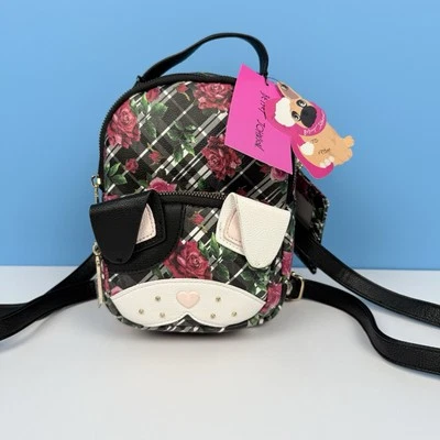 Mochila y estuche para tarjetas Betsey Johnson blanco y negro a cuadros rosas perro kitsch nuevo Foto 1 de 4