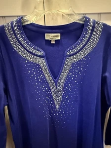 JM Collection Damen Gr. 1X Tunika Blau V-Ausschnitt Verziert 3/4 Arm Oberteil - Bild 1 von 5