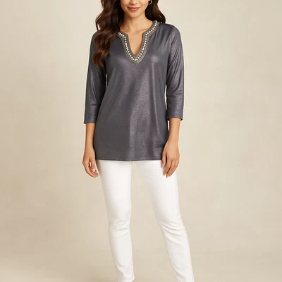 Túnica Chicos Lino Lámina Embellecida Mujer L Metálica Cuentas Resort Top Costero Foto 1 de 4