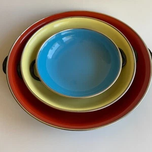 3 MCM Emailleware Saute Pfannen Set Emo Celje Jugoslawien rot gelb blau Vintage - Bild 1 von 14