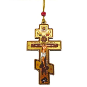Three Bar Cross Pendant Small Wooden Icon Cross Crucifix of Rope Save Us - Picture 1 of 2