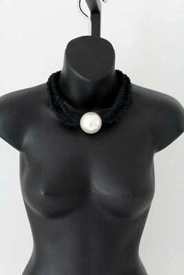 Monies style NWOT minimalism black real leather & faux  pearl necklace 18"  - Image 1 of 4