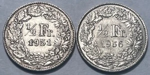 SWITZERLAND - (2) Silver 1/2 Franc - 1951B & 1956B (Bern) - Km-23 - FREE USA S&H - Picture 1 of 2
