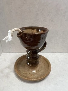 Vintage Rustic Handmade Signed Studio Art Pottery Oil Lamp Incense Burner Handle - Picture 1 of 10