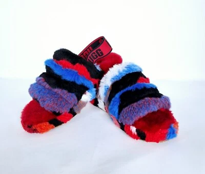 Новый UGG пух Yeah размер 6 сандалии туфли тапочки горки меха овчины красный синий - Изображение 1 из 4