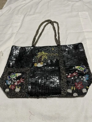 Саша Нью-Йорк бисером блестками тропический пальма рыбы атласная сумка с короткими ручками - Изображение 1 из 4