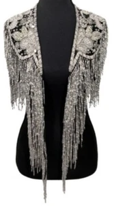 Neu ohne Etikett Seide Perlen Schal Whimsigoth Boho Hippie Western schwarz silber 90er Vamp - Bild 1 von 5