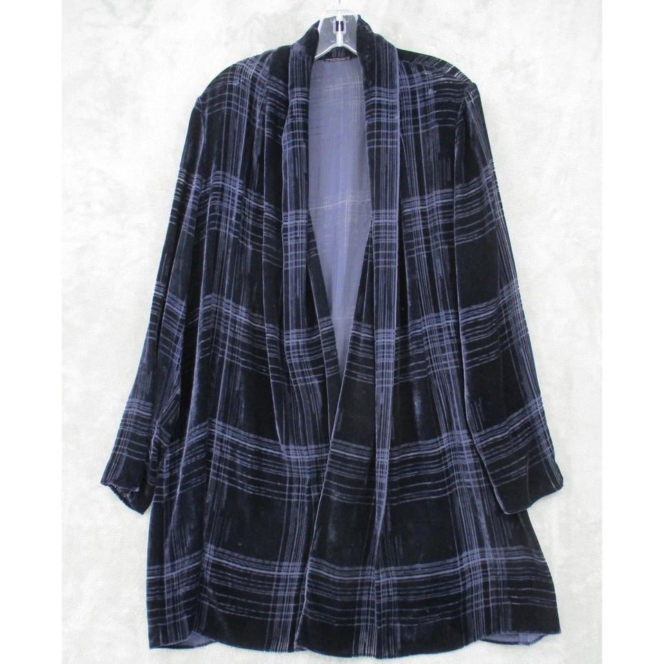 Chaqueta Elie Tahari Terciopelo Burn Out Cárdigan Topper Mezcla Seda Largo Medio Azul Marino Foto 1 de 4