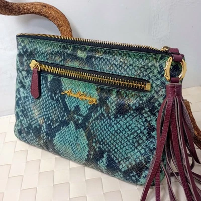 Aimee Kestenberg Leather Clutch Bag Blue Snakeskin Pattern Tassel Pockets - EUC - Image 1 of 4