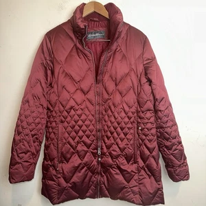 Eddie Bauer Women’s Goose Down Quilted Long Jacket Maroon Full Zip Outdoor Y2K - Picture 1 of 15