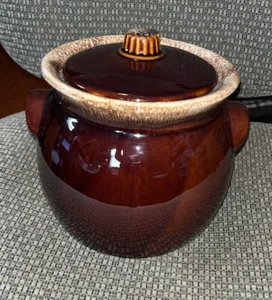 Olla de frijoles marrón a prueba de horno casco vintage con tapa/6" T - Imagen 1 de 5