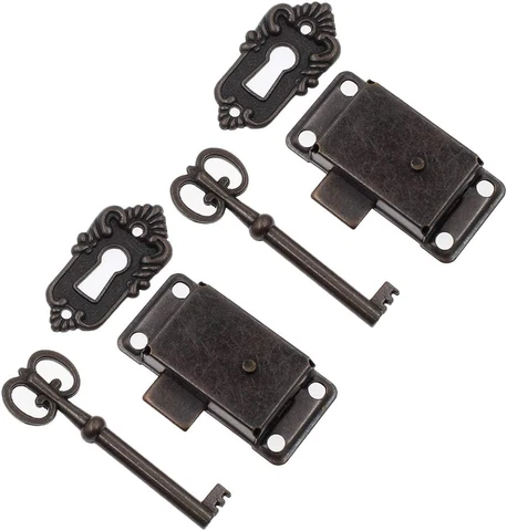 Kyuionty 2 Sets Skeleton Key Lock Decorative Antique Brass Cabinet Lock with Key Cover