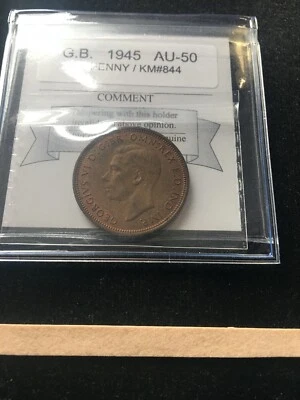 1945  Great Britain, Half Penny,  Coin Mart Graded**AU-50**KM# 844 - Image 1 of 4