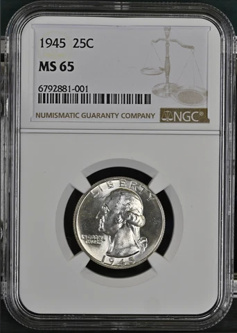 MS65 1945 Washington Quarter Silver NGC US 90% SILVER UNC BU GEM++ Cover