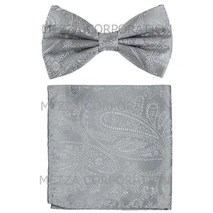 New men's pre-tied bowtie set paisley polyester bridal formal wedding silver - Picture 1 of 4