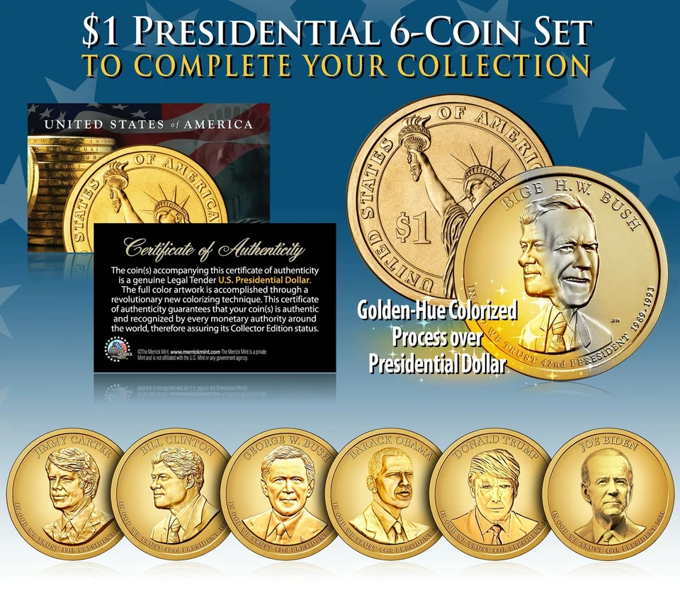 PRESIDENTES VIVOS TRUMP & BIDEN Dólares Presidenciales JUEGO DE 6 MONEDAS Color TONO DORADO Foto 1 de 1