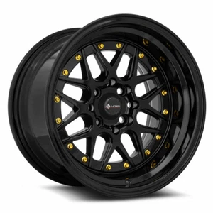15x9 Vors VR7 4x100,4x114.3 +0 All Black Gold Rivet Wheels (Set of 4) - Picture 1 of 3