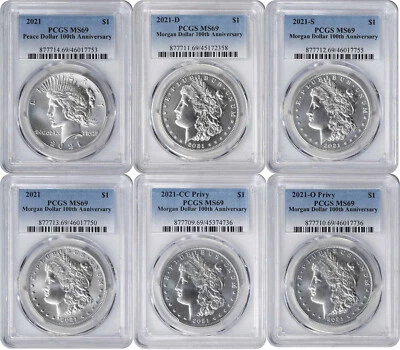 2021 Morgan and Peace Silver Dollar 6-Coin Set MS69 PCGS - Image 1 of 2