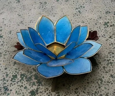 Blue Capiz Shell Lotus Flower Tealight Candle Holder Votive Brass Accents 7" - Image 1 of 4