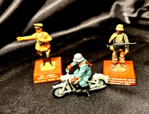 Three Vintage Lead German Toy Soldiers , re. 1970 , 1 on Motor Cycle - Picture 1 of 5