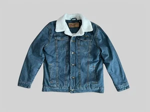 VTG Y2K Wrangler Sherpa Lined Denim Trucker Jacket Rustic Cowboy Coat Boy’s L - Picture 1 of 10