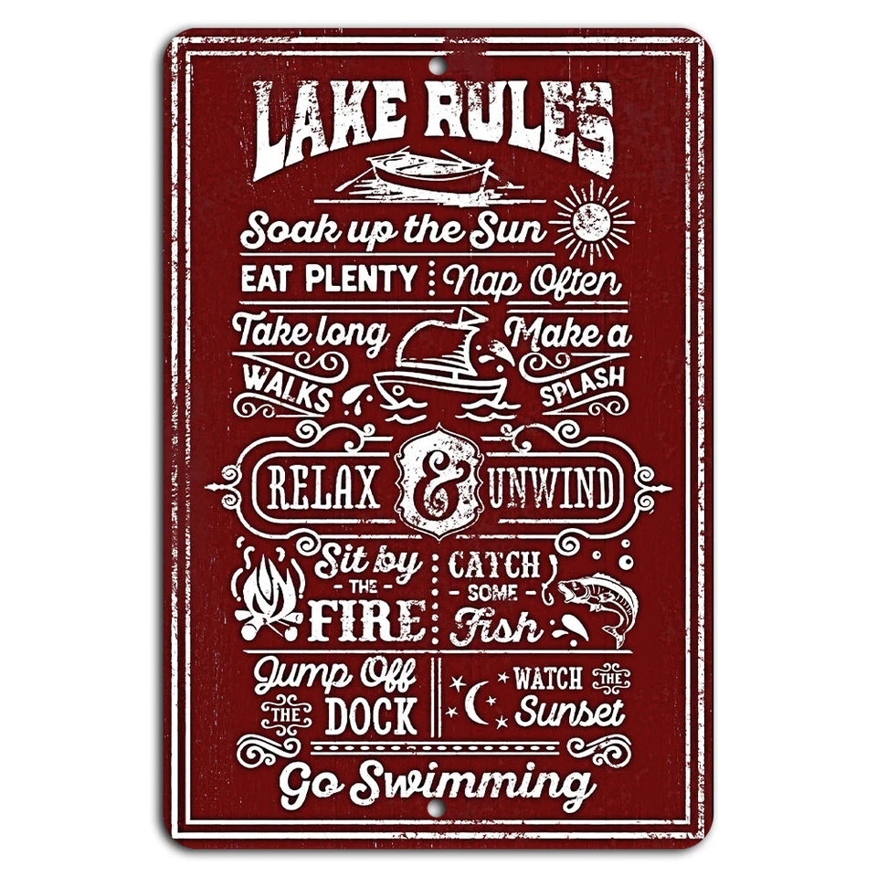 Lake Rules: Soak Up the Sun, Relax and Unwind, Swim Red Rustic Sign - Image 1 of 1