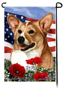 Patriotic Flowers Garden Flag - Tan and White Pembroke Welsh Corgi - Picture 1 of 1