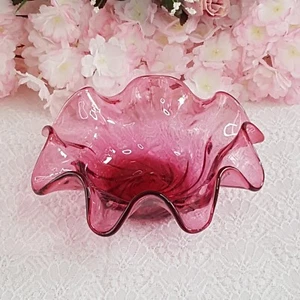 Cranberry Glass Dish 8.25 inch Handcrafted Candle HolderRuffled Candy Dish - Picture 1 of 9