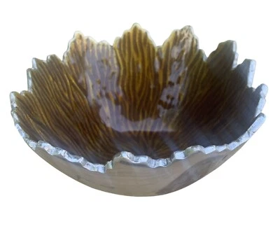 SIMPLY DESIGNZ Leaf Top Bowl Trinket Dish Brown/Silver Hand Made India MCM Style - Image 1 of 4