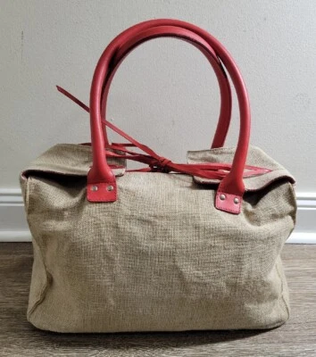 Christian Louboutin Bag Burlap Canvas Women's Purse Handbag Red Leather Italy - Image 1 of 4