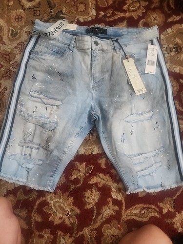 Jordan Craig pantaloncino uomo 36 blu invecchiato Vegas a righe vernice splatter denim