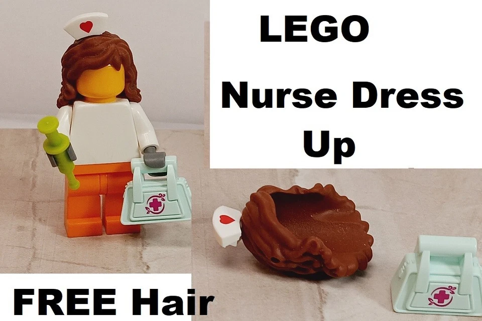 LEGO Disfraz de Enfermera SOMBRERO Bolso Jeringa PELUCA GRATIS Rizado Rojizo Marrón Goma Bangs Corte Foto 1 de 1