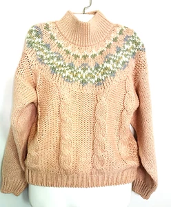 Vintage Hand Loomed Woman Small Sweater Cable Knit Pullover Pinkish Peach Ski - Picture 1 of 10