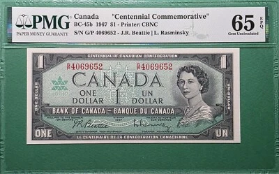 1967 CANADA $1  BC- 45b CENTENNIAL COMMEMORATIVE G/P 4069652 PMG 65 EPQ GEM UNC - Image 1 of 2