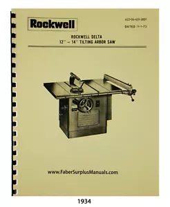 Rockwell Delta 12" & 14" Table Saw Instruction& Parts List Manual #1934 - Picture 1 of 10