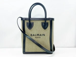 Balmain B-Army Handbag Shoulder Tote Bag Purse Leather Canvas in Khaki USED - Picture 1 of 14