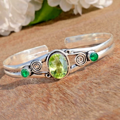 Peridot Cut & Diopside Gemstone 925 Sterling Silver Bracelet For Family Gift - Image 1 of 4